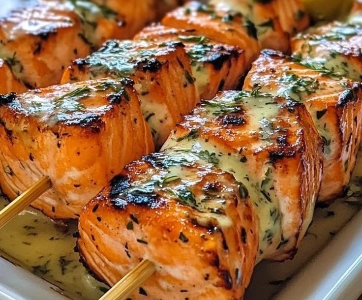 Delicious grilled salmon skewers garnished with herbs and spices.