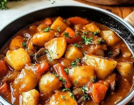 Bowl of Irish vegetarian stew with fresh vegetables and herbs