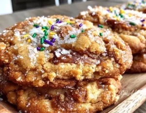 Delicious king cake cookies decorated with colorful icing and festive sprinkles