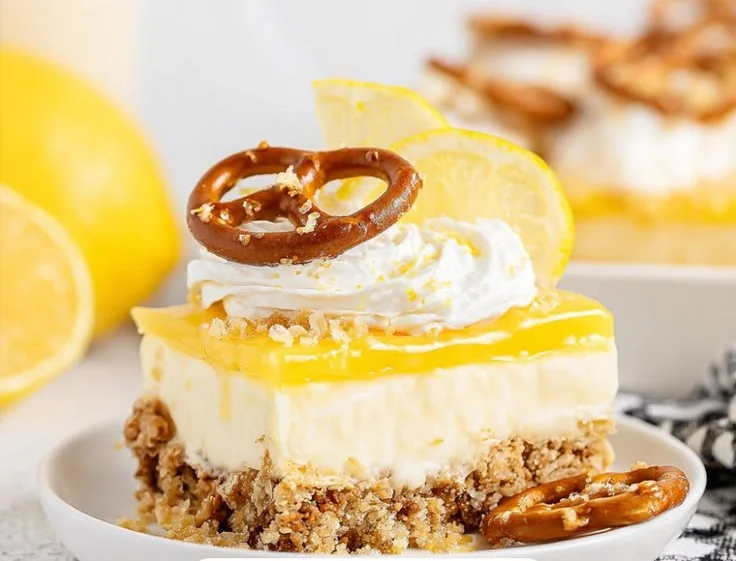 Lemon Pretzel Dessert featuring a tangy lemon flavor with a pretzel crust