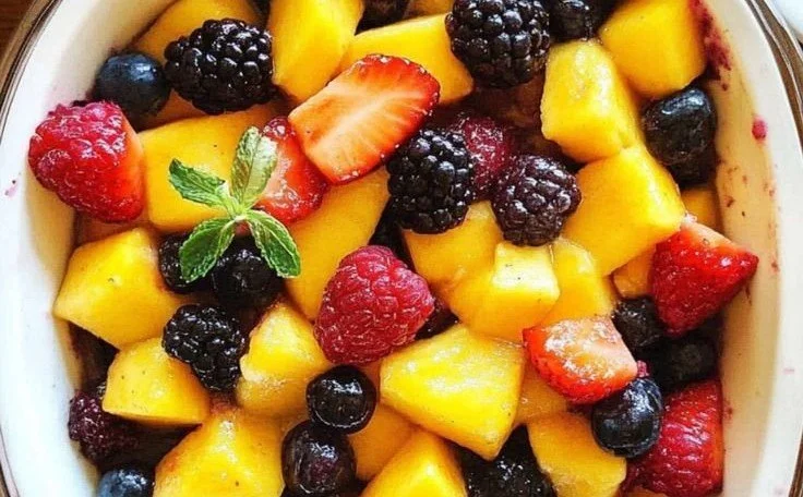 A colorful bowl of mango berry fruit salad featuring fresh mangoes and assorted berries.
