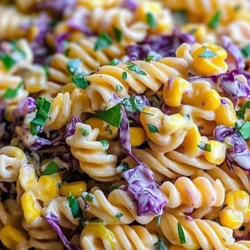 Bowl of Mardi Gras Pasta Salad with colorful vegetables and festive ingredients