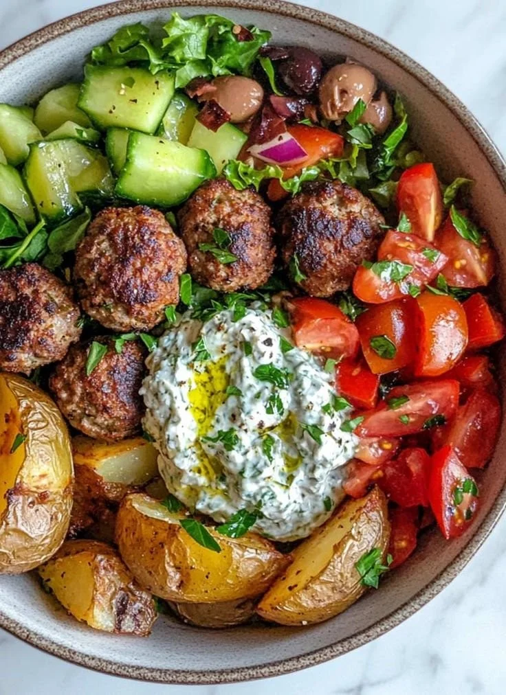 Mediterranean Bowl with Beef Meatballs