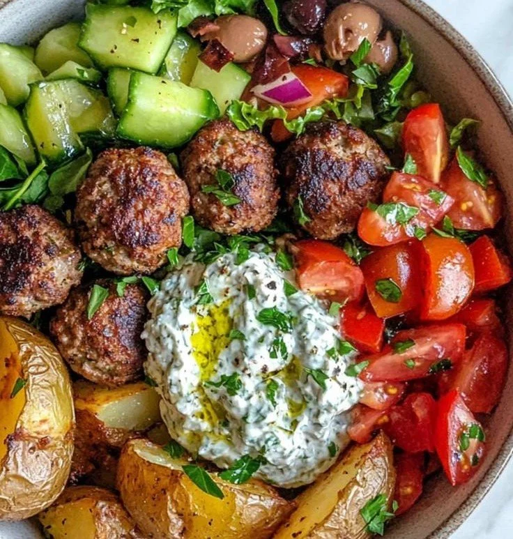 Mediterranean Bowl with Beef Meatballs
