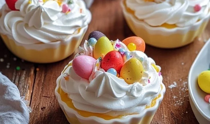 Delicious meringue cups filled with cream and fruits