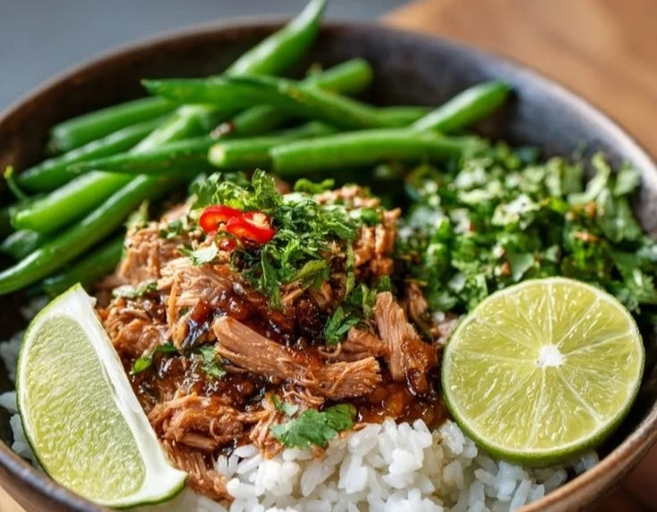 Quick brown rice dish with tuna and green beans by Michael.