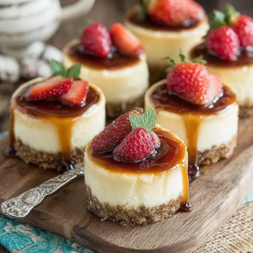 Delicious mini cheesecakes topped with fresh fruits on a dessert platter