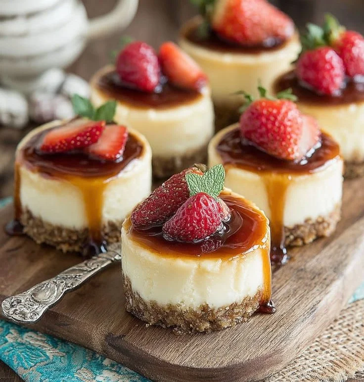 Delicious mini cheesecakes topped with fresh fruits on a dessert platter