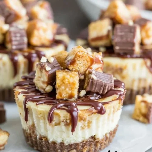 Mini Snickers cheesecakes topped with caramel and chocolate drizzle