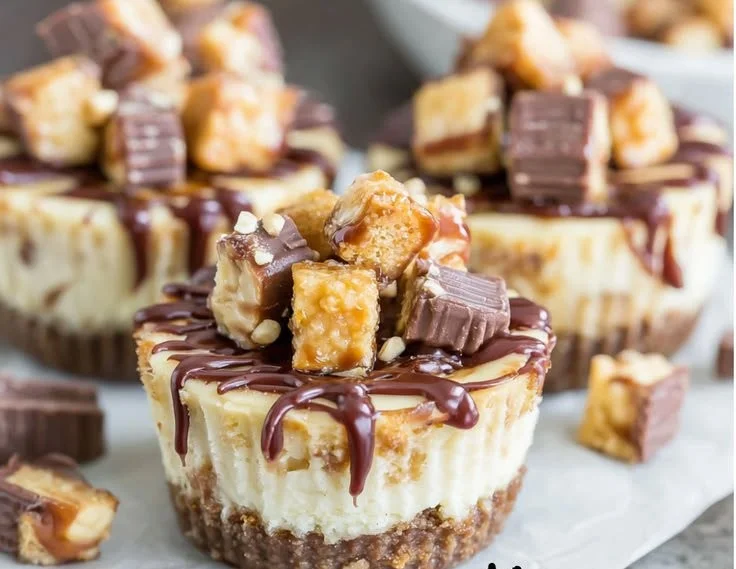 Mini Snickers cheesecakes topped with caramel and chocolate drizzle