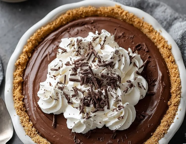 No-Bake Chocolate Pudding Pie topped with whipped cream and chocolate shavings