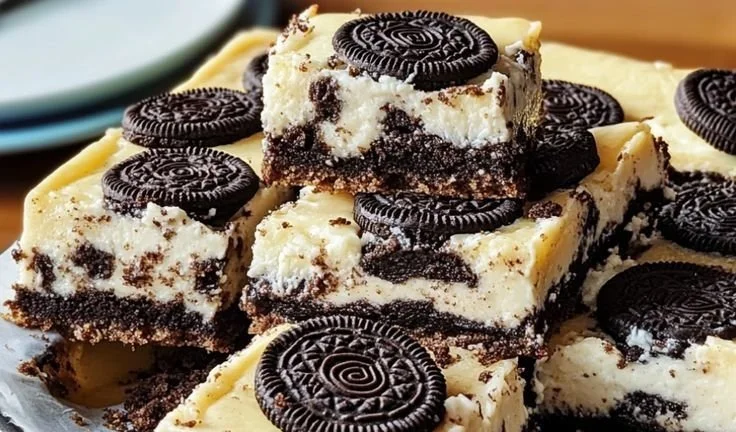 Delicious Oreo Cheesecake Bars with a creamy layer and Oreo crust