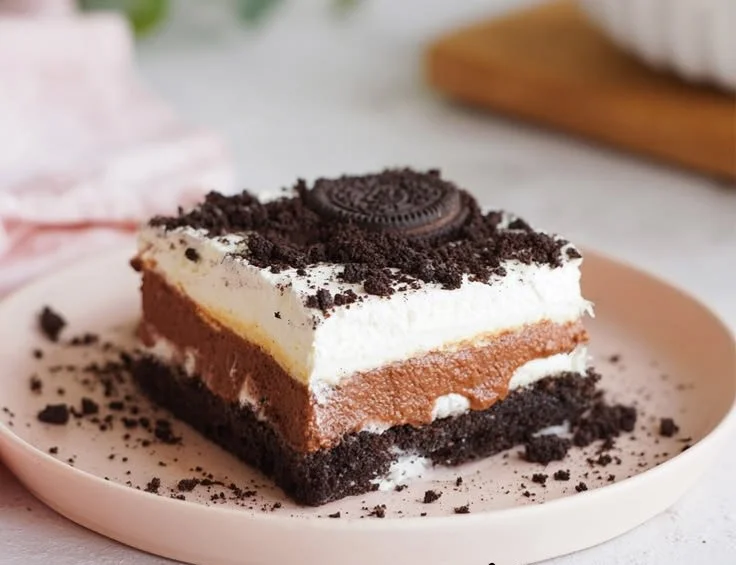 Delicious Oreo Lasagna dessert with layers of Oreo cookies and creamy filling.