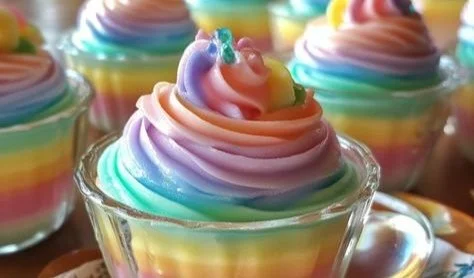 Colorful pastel rainbow gelatin cups served in clear cups