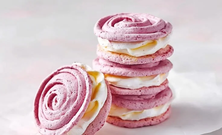 Raspberry white chocolate meringue sandwich cookies on a plate