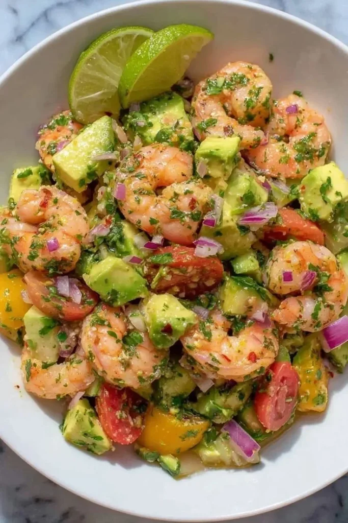 Delicious shrimp salad served in a bowl with fresh vegetables and dressing