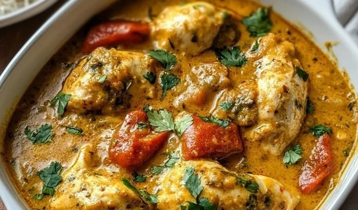 Delicious slow-cooked chicken curry served with rice