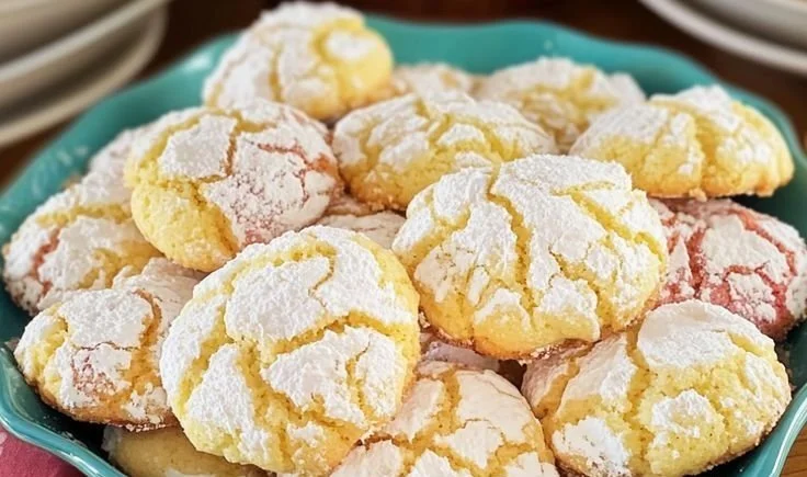 Soft chewy lemon cookies on a platter with a lemon slice garnish.