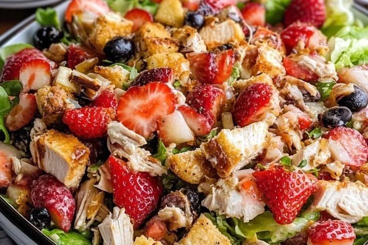 Fresh Strawberry Chicken Salad with greens, grilled chicken, and vinaigrette
