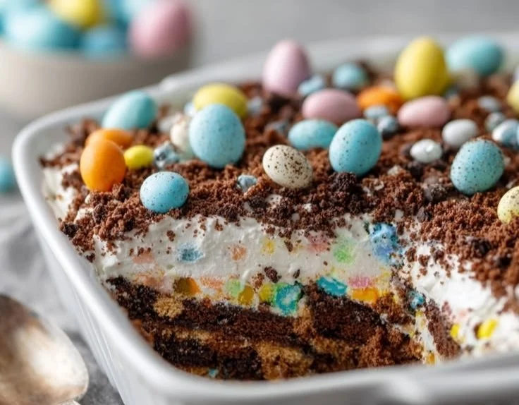 Ten minute Easter Dirt Cake topped with colorful candy and chocolate soil.