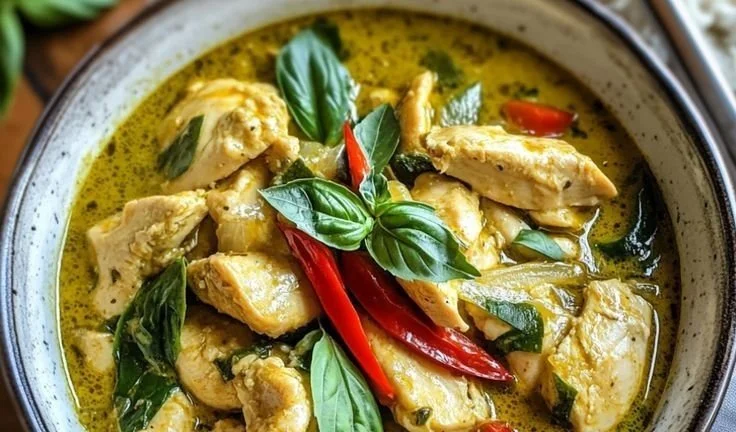 Delicious Thai green chicken curry served in a bowl with colorful vegetables.