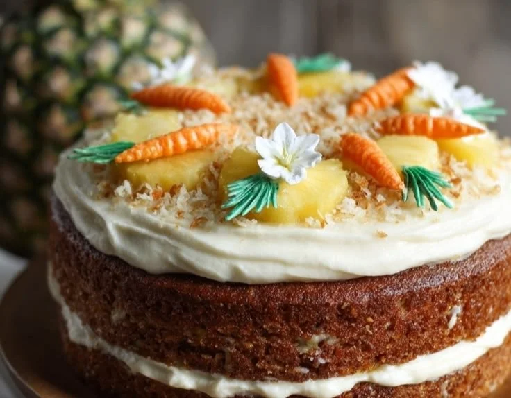 Delicious tropical carrot cake with pineapple cream cheese frosting on a plate