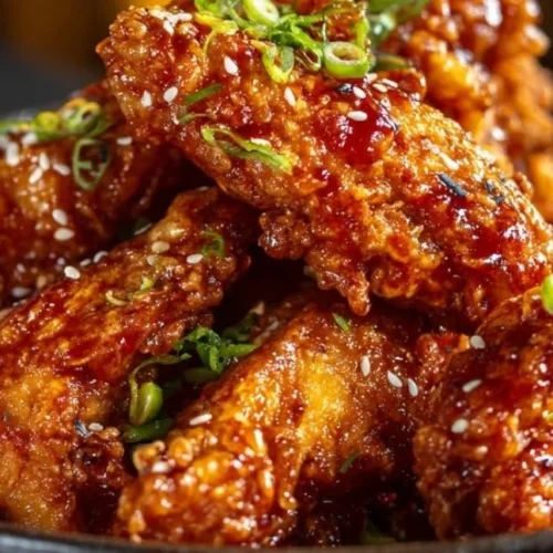 Delicious plate of crispy Korean Fried Chicken garnished with sesame and green onions.