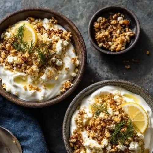 Delicious whipped feta dip served with fresh vegetables and pita bread