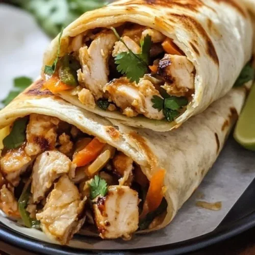 Zesty peanut sauce chicken wrap served with fresh vegetables and herbs.
