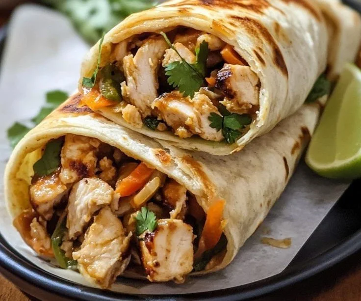 Zesty peanut sauce chicken wrap served with fresh vegetables and herbs.