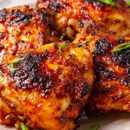 Air fryer honey mustard chicken thighs garnished with herbs on a plate