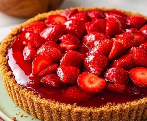 Delicious strawberry pie with graham cracker crust on a table