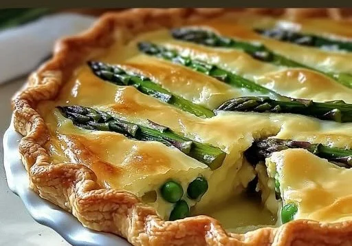 Slice of homemade asparagus pie on a plate with fresh herbs