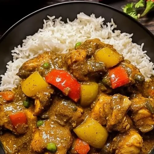 Authentic Jamaican Curry Chicken served with rice and vegetables