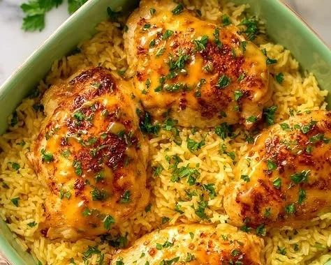 Honey Mustard Chicken and Rice Bake dish served in a bowl