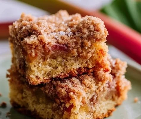 Delicious slice of sourdough rhubarb cake on a plate with fork