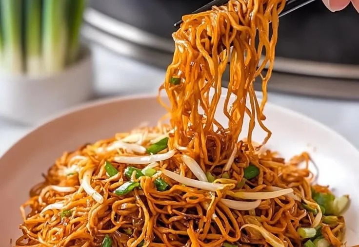 Plate of flavorful Cantonese Fried Noodles with vegetables and protein