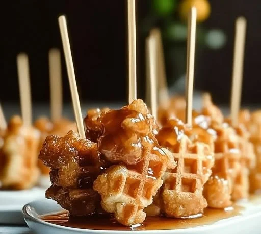 Delicious chicken and waffle skewers served on a plate for easy enjoyment.