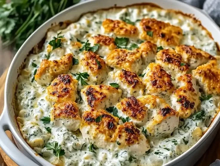 Delicious Chicken Tzatziki Casserole baked with creamy sauce and fresh herbs