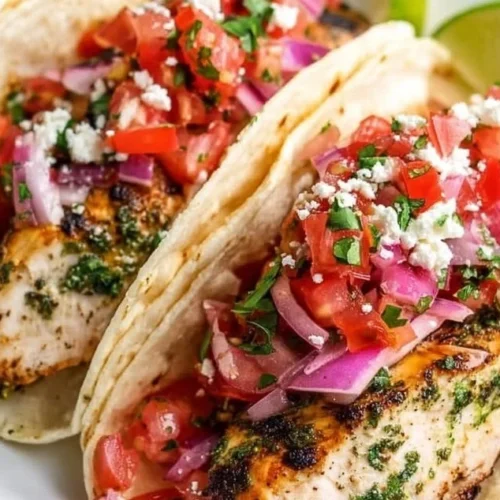 Cilantro Lime Grilled Chicken Tacos garnished with fresh cilantro and lime slices