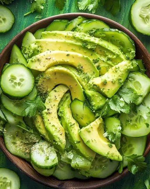 Creamy Avocado and Crisp Cucumber Salad in a bowl, garnished for freshness