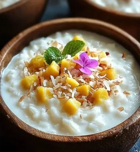 Bowl of creamy coconut rice pudding topped with coconut flakes and fresh fruit.