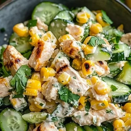 Creamy cucumber chicken salad with street corn twist in a vibrant bowl.
