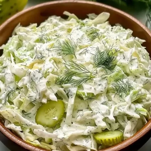 Creamy dill coleslaw dressing in a bowl with fresh herbs.