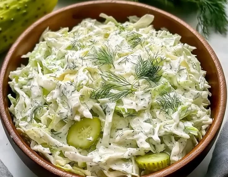 Creamy dill coleslaw dressing in a bowl with fresh herbs.