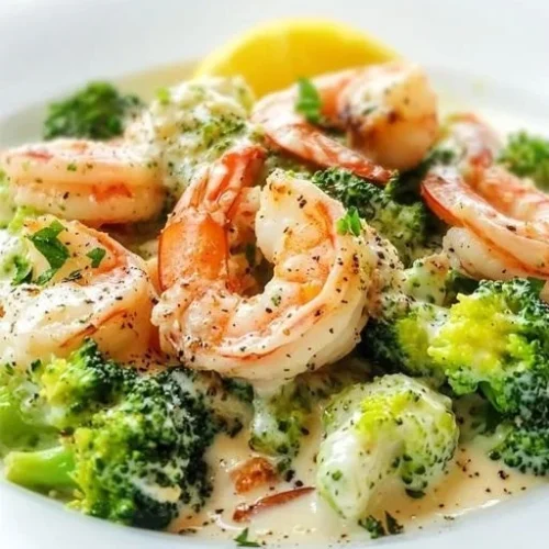 Creamy garlic shrimp served with fresh broccoli in a delicious sauce.
