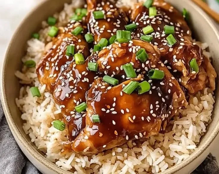 Crock Pot Teriyaki Chicken served with rice and vegetables