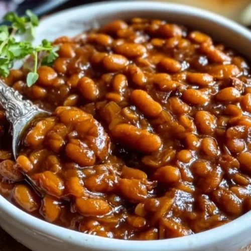 Delicious crockpot baked beans served in a bowl, ideal for gatherings.