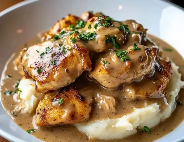Delicious Crockpot Chicken and Gravy served with mashed potatoes