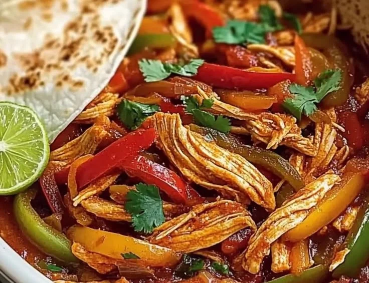Crockpot Chicken Fajitas with colorful bell peppers and onions served in a bowl.